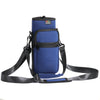 A navy blue adjustable sling water bottle carrier bag with black straps and a small logo tag.