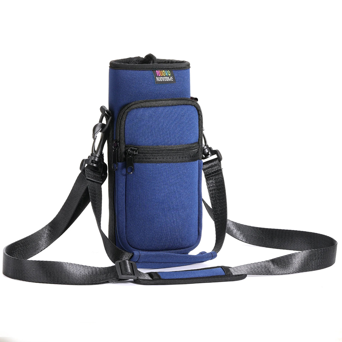 A navy blue adjustable sling water bottle carrier bag with black straps and a small logo tag.