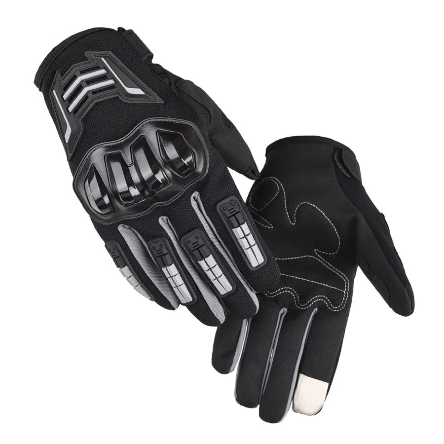 A pair of black durable motorcycle riding gloves shown against a white background.