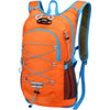 Orange backpack for hiking and sports with blue accents and mesh back panel