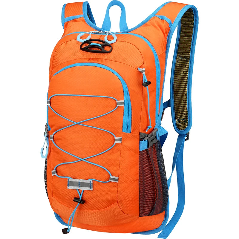 Orange backpack for hiking and sports with blue accents and mesh back panel