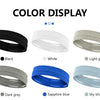 Eine Kollektion elastischer Sport-Headbands in Schwarz, Weiß, Hellgrau, Dunkelgrau, Saphirblau und Himmelblau.