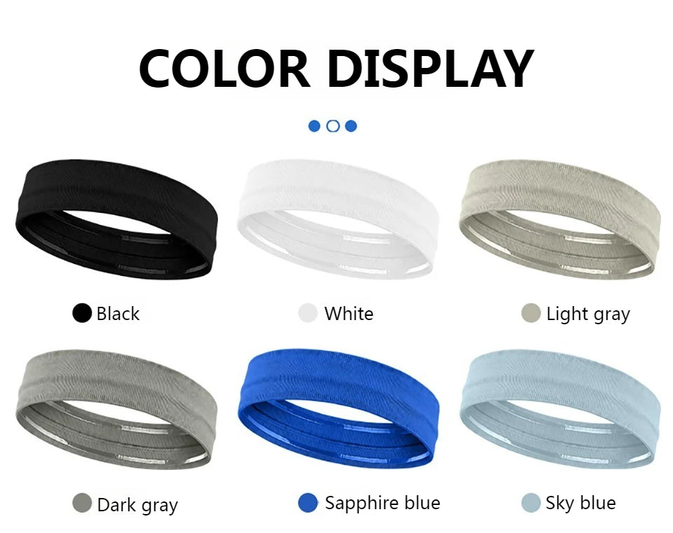 Eine Kollektion elastischer Sport-Headbands in Schwarz, Weiß, Hellgrau, Dunkelgrau, Saphirblau und Himmelblau.