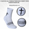 White sports socks featuring a black cross design and scripture text Philippians 4:13