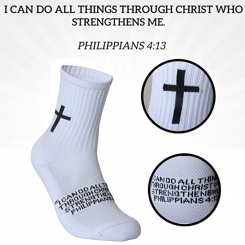 White sports socks featuring a black cross design and scripture text Philippians 4:13