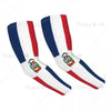 A pair of white, red, and blue striped UV protection arm sleeves for sports and outdoor activities.