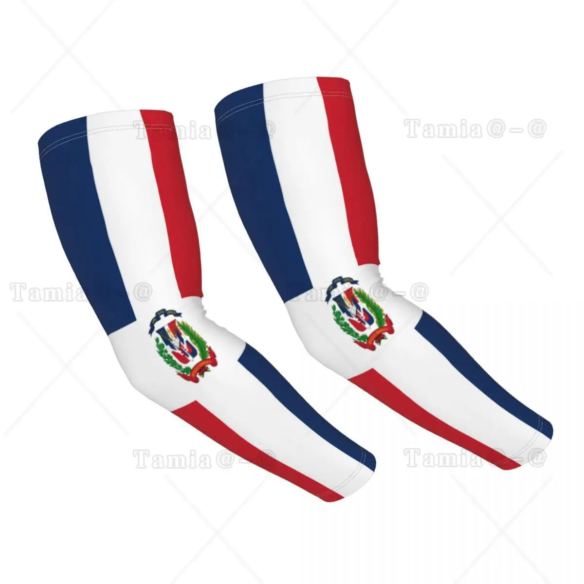 A pair of white, red, and blue striped UV protection arm sleeves for sports and outdoor activities.