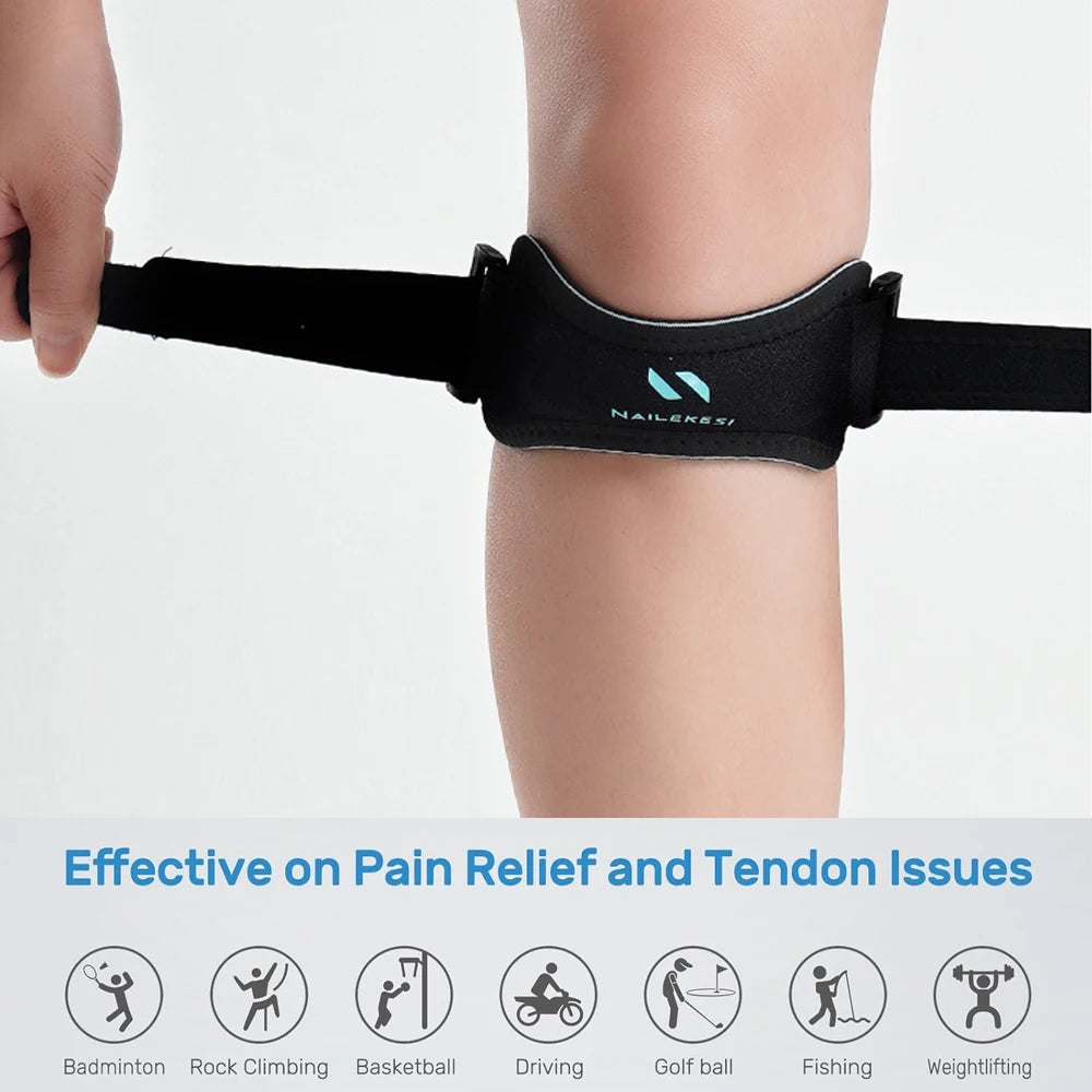 Black adjustable knee strap for pain relief and tendon issues shown on a person's leg.