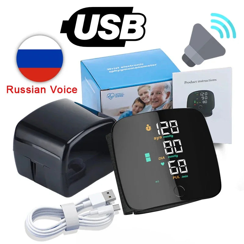 A black digital wrist blood pressure monitor device, its box, and accompanying instructions are shown next to a Russian flag.