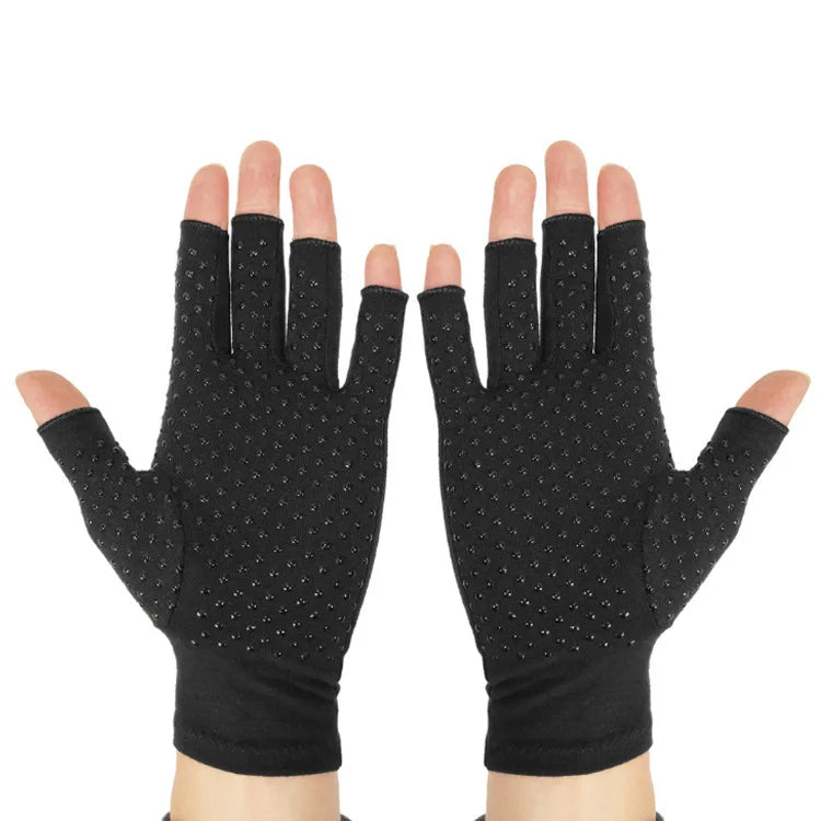 Black compression gloves for the hand and wrist.