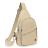 Tan strap crossbody messenger bag mit beigem Riemen, seitliche Ansicht.