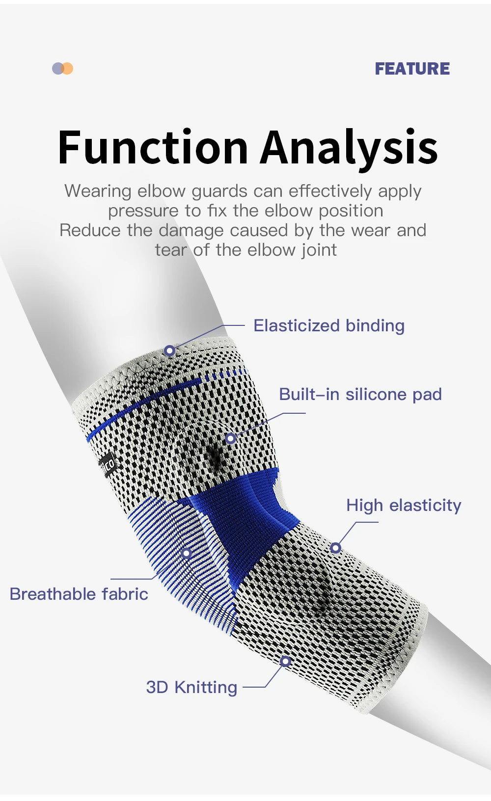 Close-up of a silicone elbow guard sleeve showing elasticized binding, built-in pads, breathable fabric, and 3D knitting stru