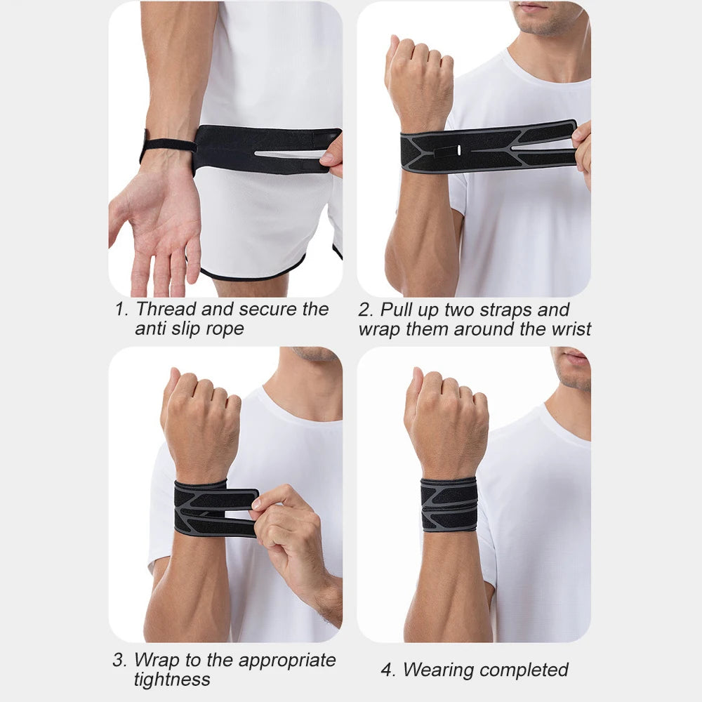 Demonstration of how to use a dual wrist support brace, showing threading, wrapping, and wearing.