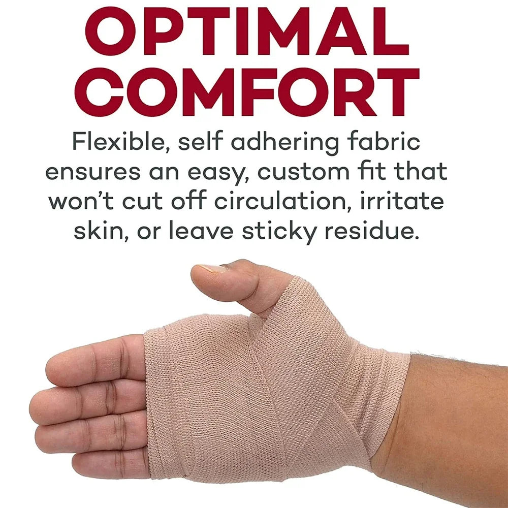 A hand wearing a beige elastic compression bandage on the wrist, demonstrating a custom fit.