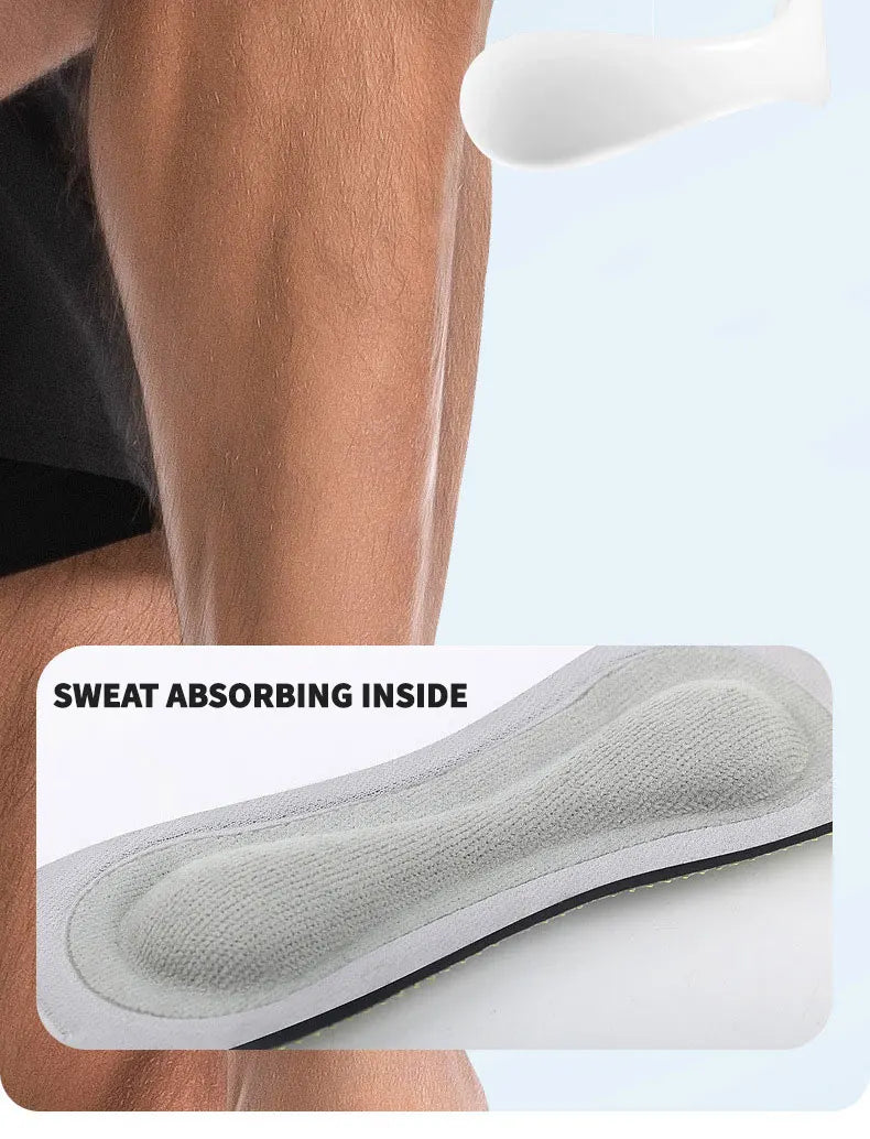 A close-up of a gray sweat absorbing knee strap being applied to a person's leg.