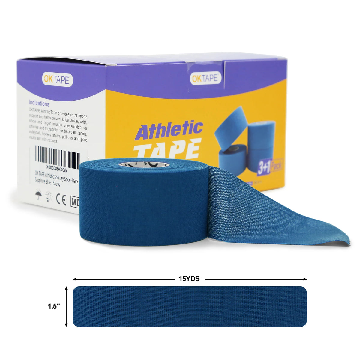 Un rouleau de ruban adhésif sportif bleu à côté de sa boîte d'emballage.