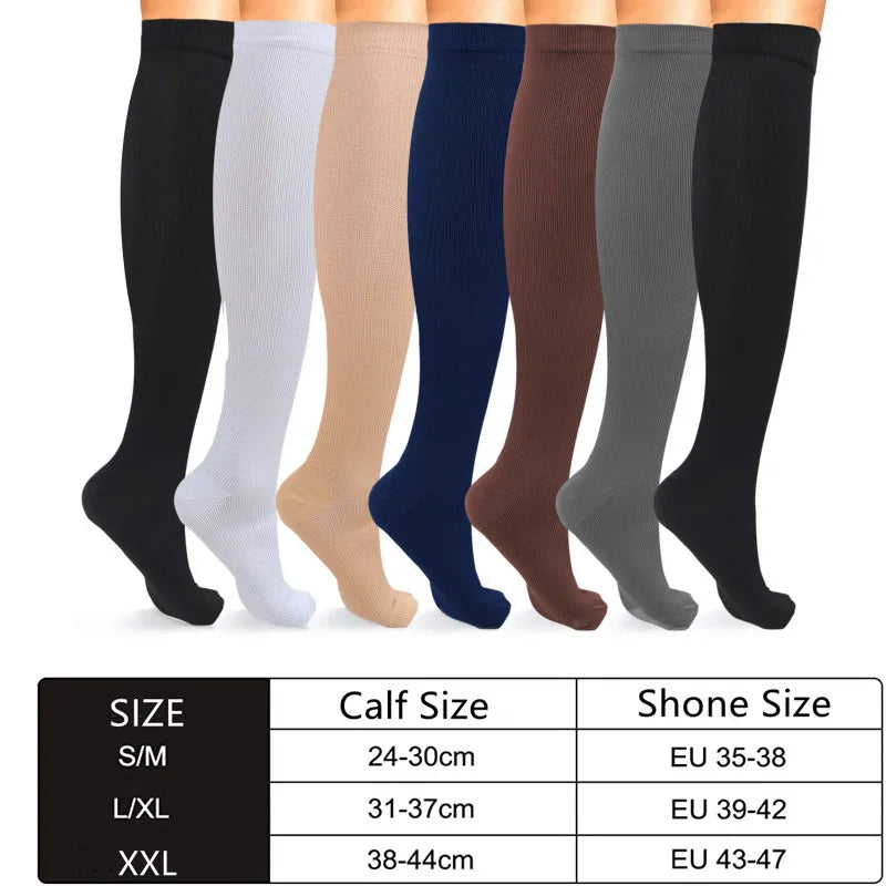 A row of compression socks in various colors and shades displayed vertically for sizing reference.