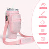 Pink diamond accent water bottle carrying pouch with a strap and multiple features listed.