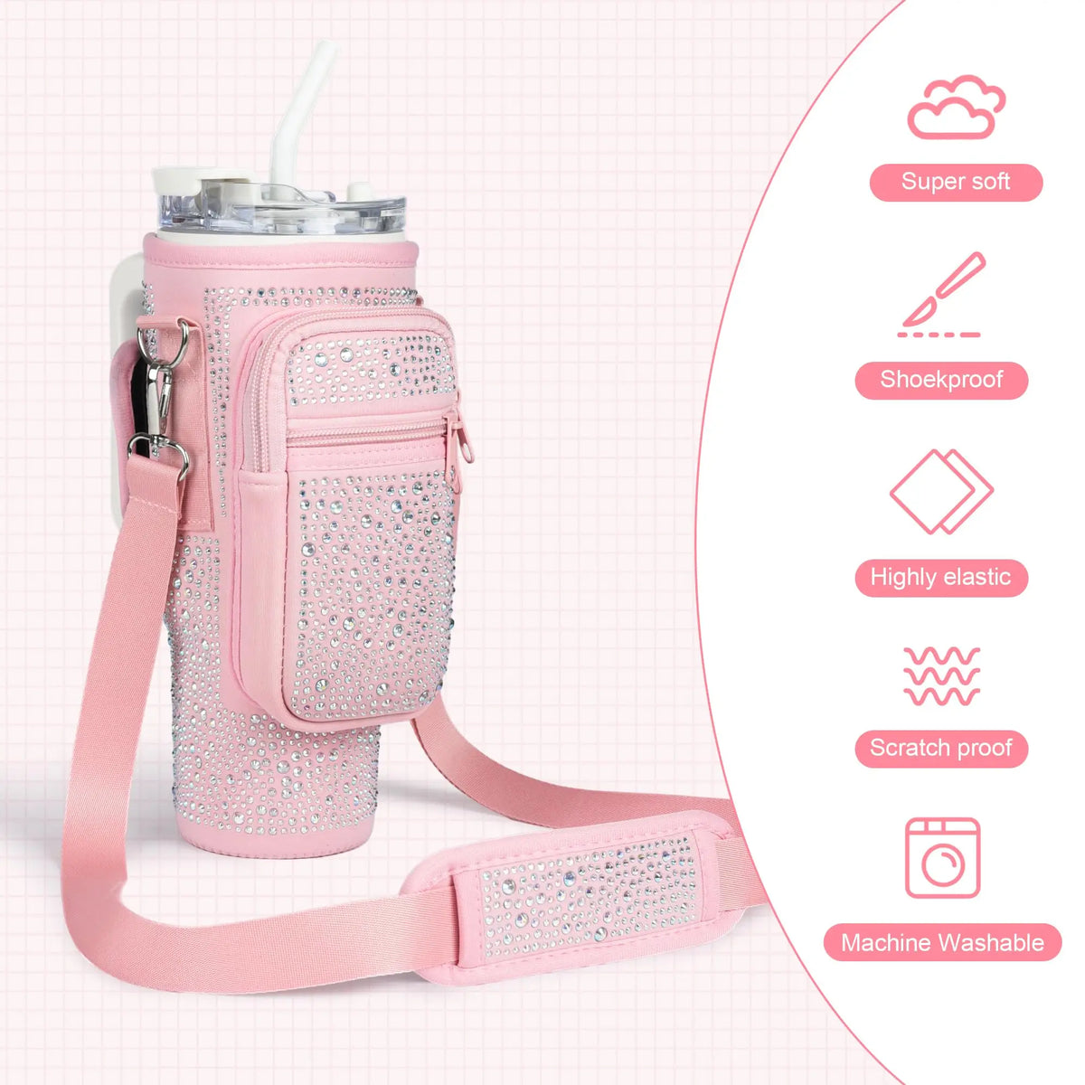 Pink diamond accent water bottle carrying pouch with a strap and multiple features listed.