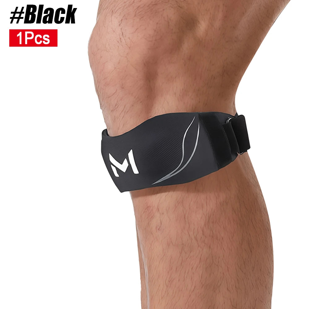 Black adjustable patellar tendon support knee brace worn on the lower leg.