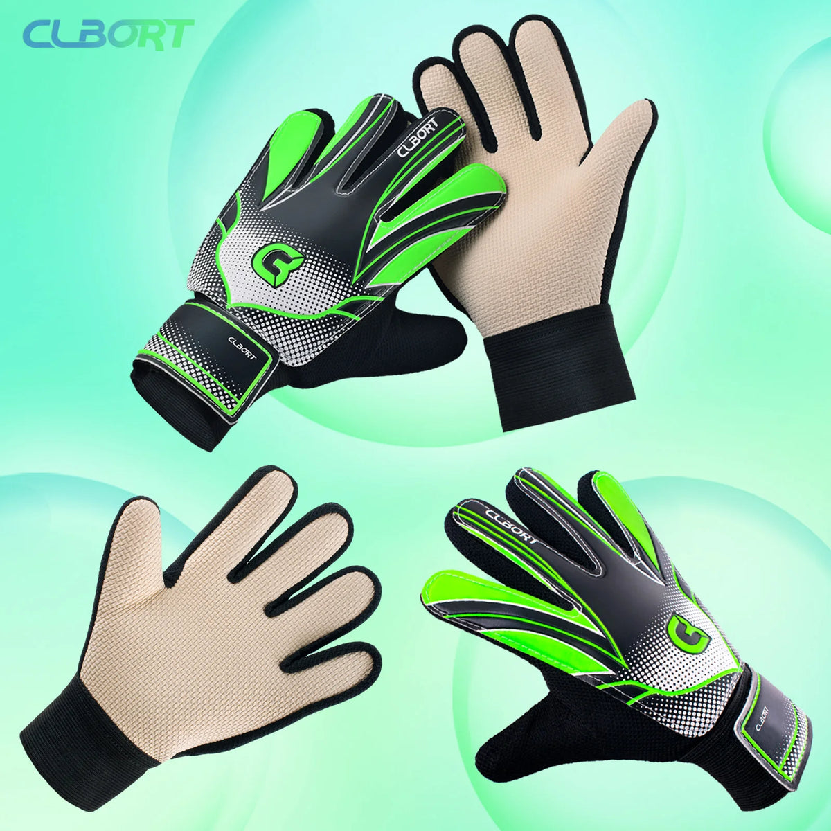 A set of green and black non-slip soccer goalie gloves with double wrist protection shown in various angles.
