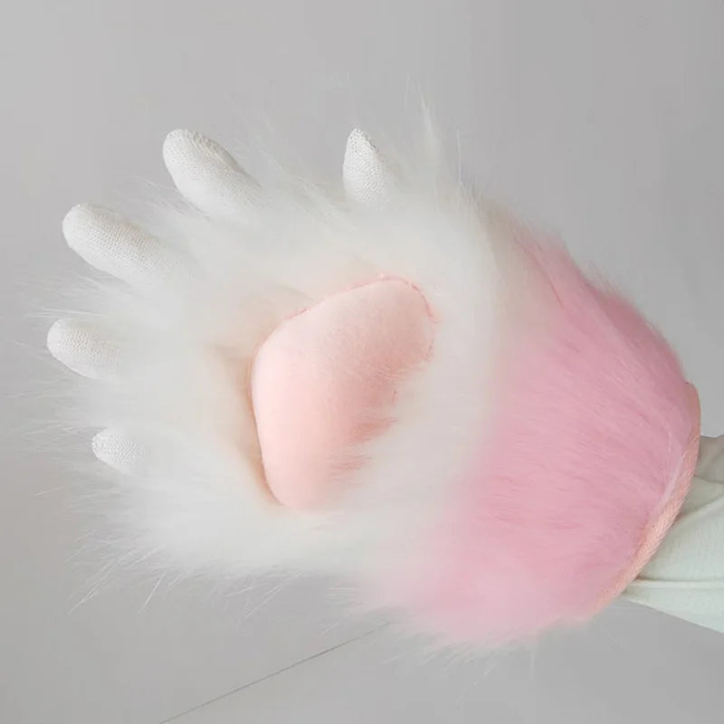 Gants en peluche de patte de chat, texture fourrure blanche et rose