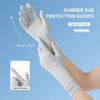 A hand wearing white summer sun protection gloves is shown, highlighting the fit and design.