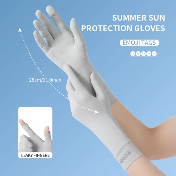 A hand wearing white summer sun protection gloves is shown, highlighting the fit and design.