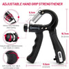 Black adjustable hand grip strengthener with a soft handle and stainless steel spring shown in detail
