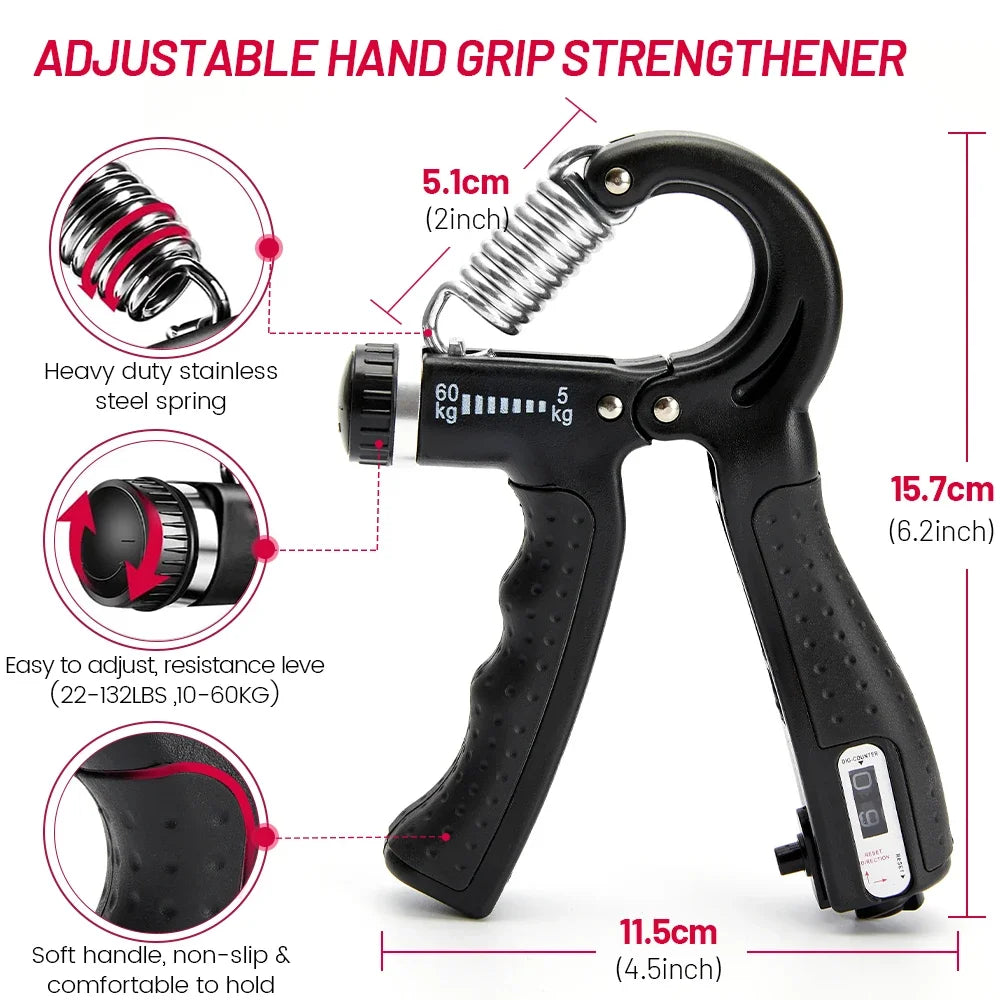 Black adjustable hand grip strengthener with a soft handle and stainless steel spring shown in detail