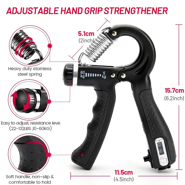 Black adjustable hand grip strengthener with a soft handle and stainless steel spring shown in detail