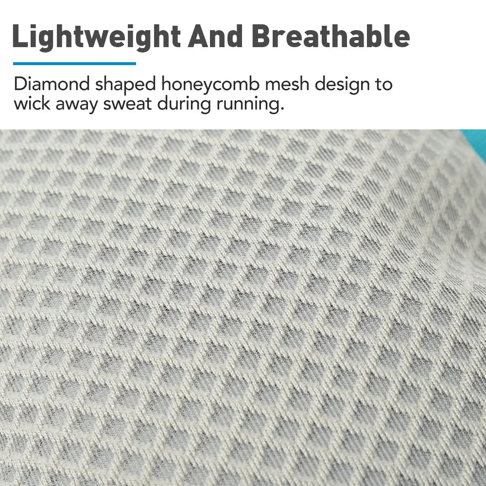 Close-up of a light gray honeycomb mesh fabric used in an outdoor running backpack.