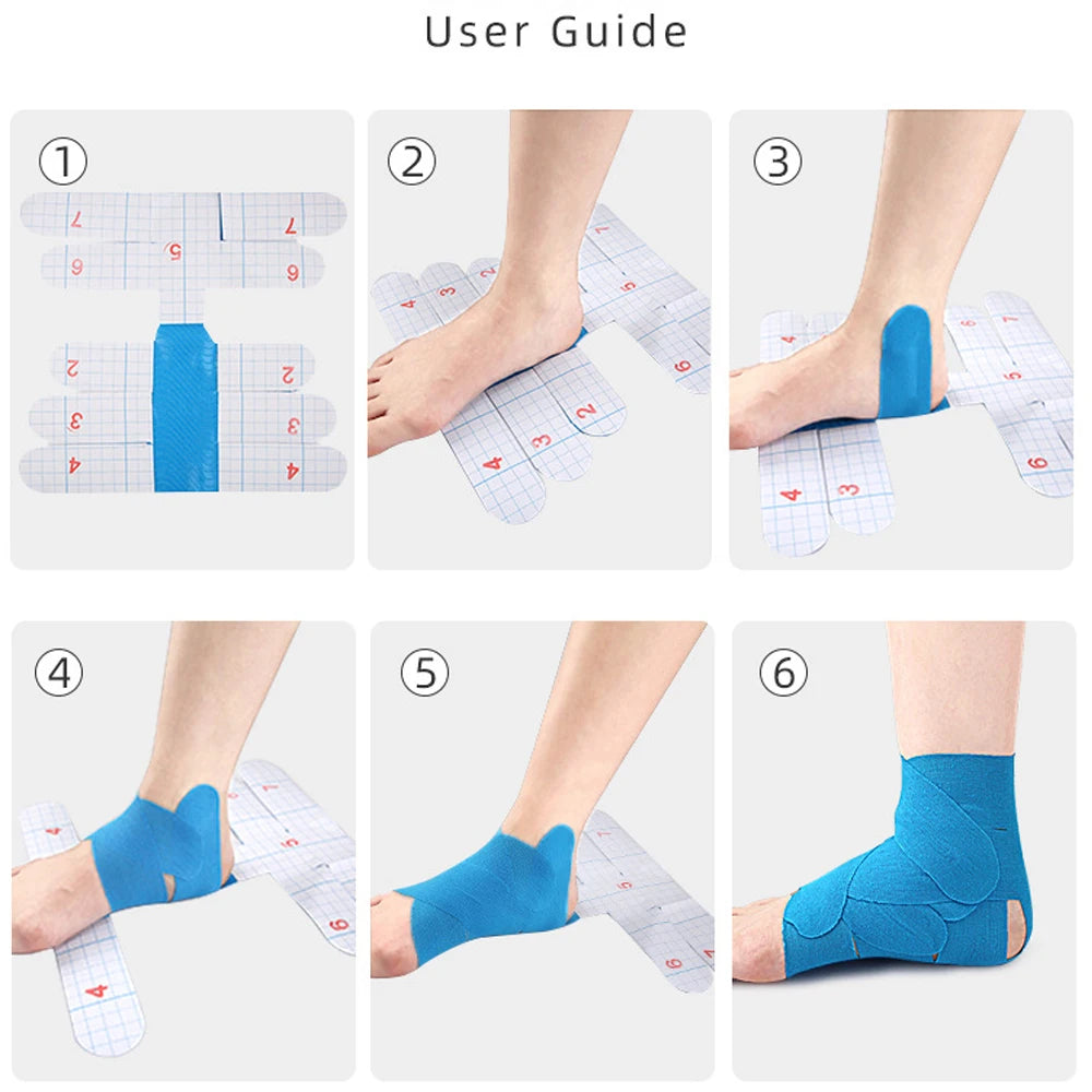 Six steps demonstrating how to apply pre-cut kinesiology support tape on the foot and ankle.