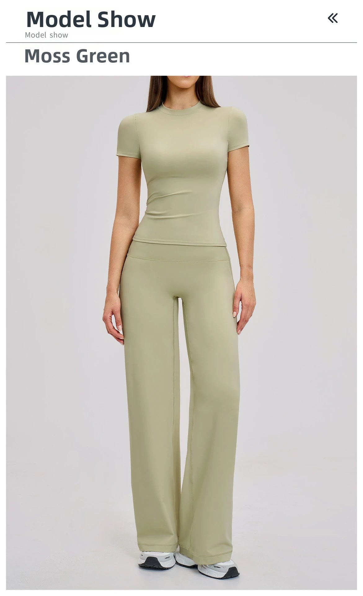 A woman models a moss green high-waist yoga and gym leggings set.