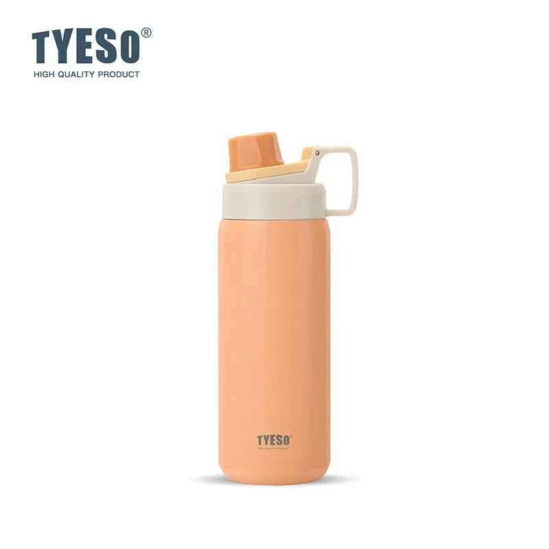 A light orange insulated stainless steel water bottle with a beige lid.