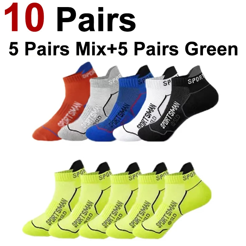 A collection of 10 pairs of athletic socks in various colors including red, white, blue, and black.