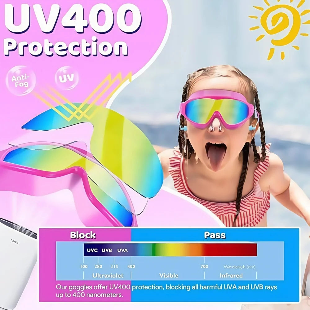 Pink and green UV400 protection goggles for kids with nose clips and earplugs