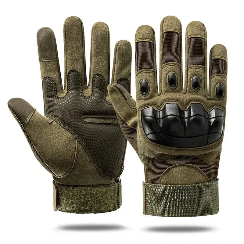 A pair of olive green tactical sports gloves shown against a white background.