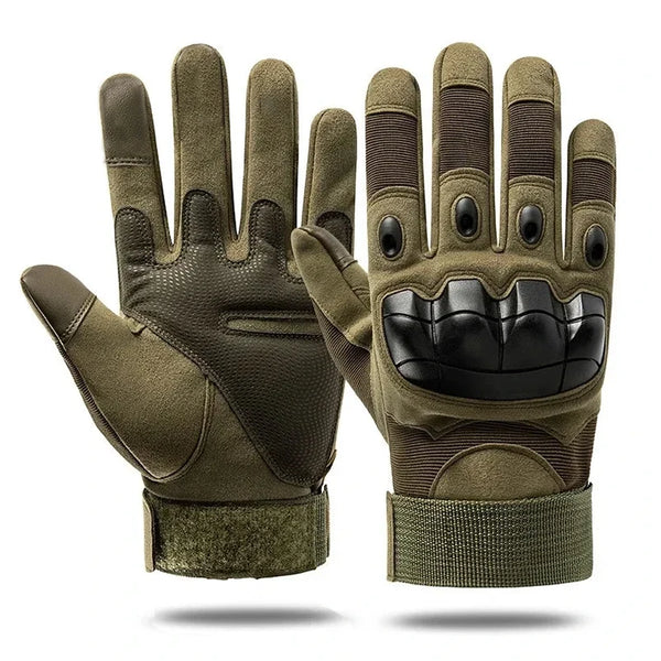 A pair of olive green tactical sports gloves shown against a white background.
