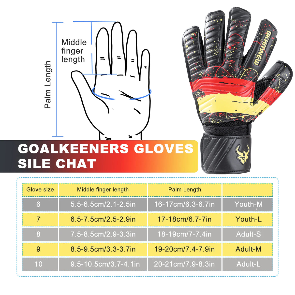 Un juego de guantes de portero en varios tamaños, mostrando medidas y diferentes opciones de guantes.