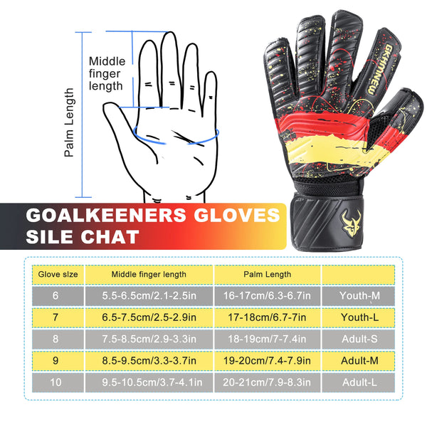 A diagram showing the measurements of goalkeeper gloves, including palm length and middle finger length, alongside various gl