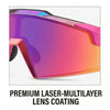 A close-up view of a pink and purple sports sunglass with a premium laser-multilayer lens coating.