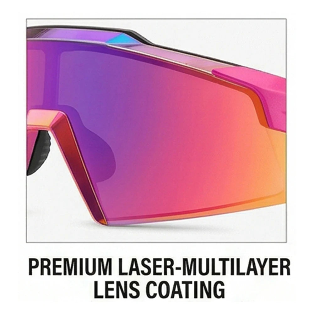 A close-up view of a pink and purple sports sunglass with a premium laser-multilayer lens coating.