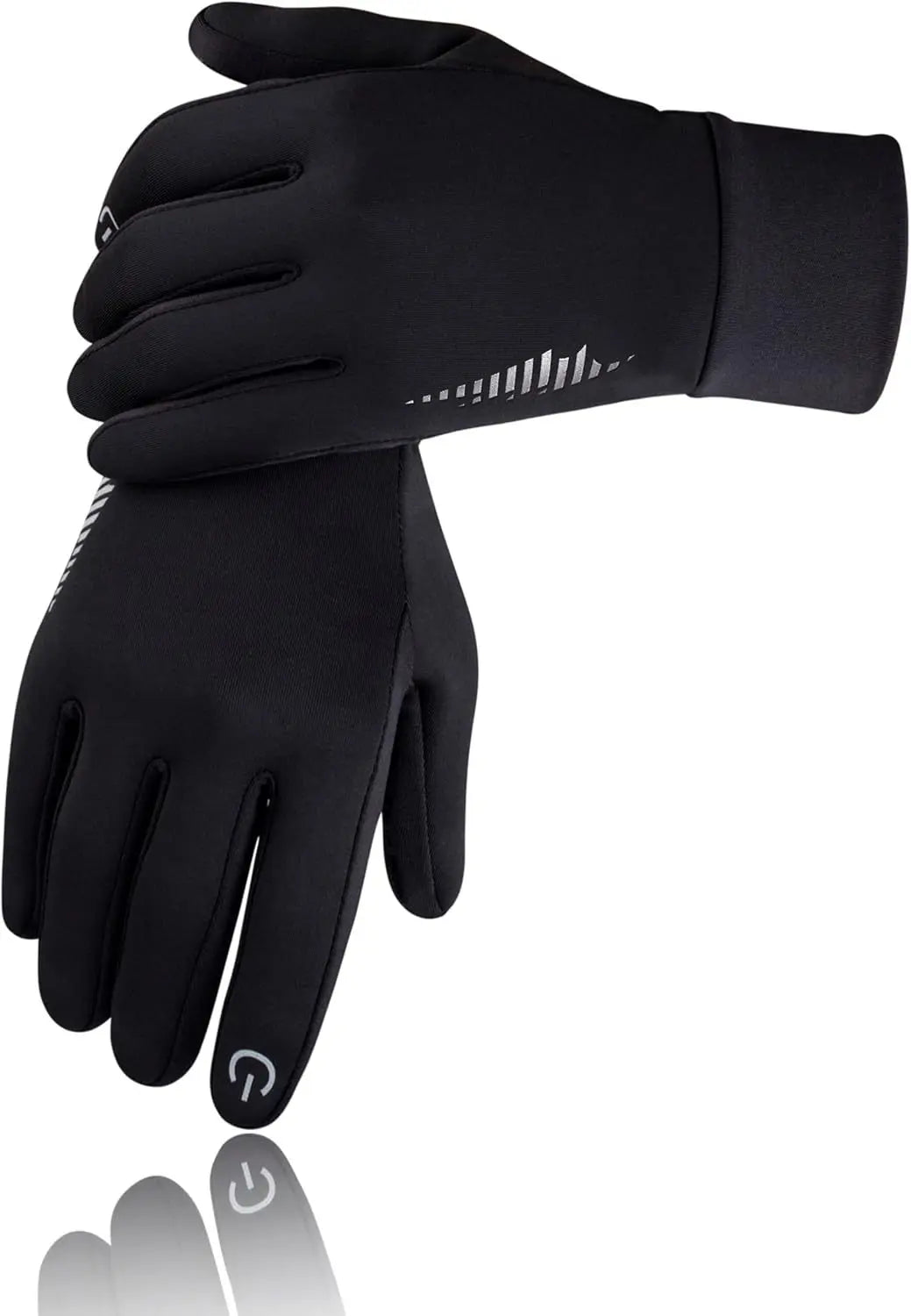 Black windproof fleece-lined touchscreen gloves shown from the palm side.