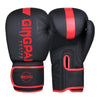 A pair of black boxing training gloves with red accents shown against a white background.