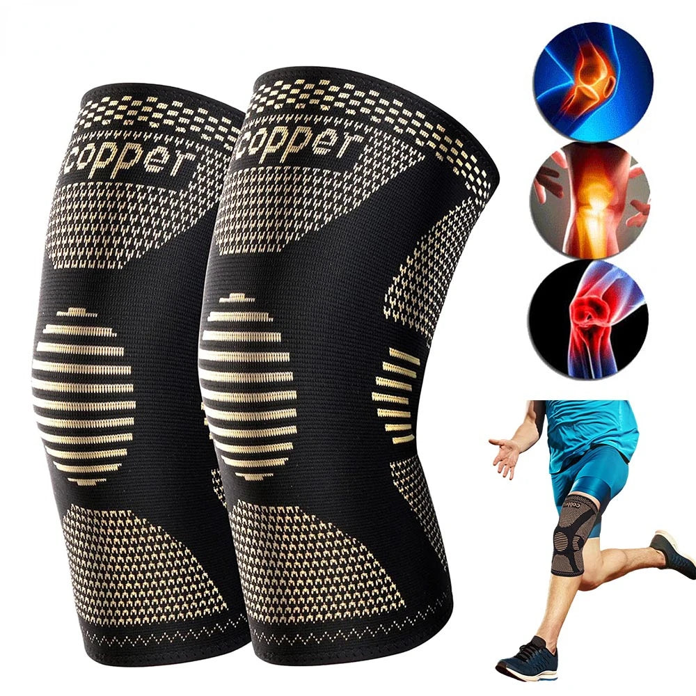 Black copper knee compression sleeve worn by a person exercising.