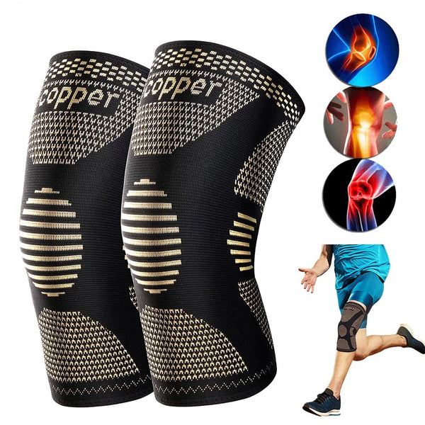 Man wearing a black copper knee compression sleeve while exercising.