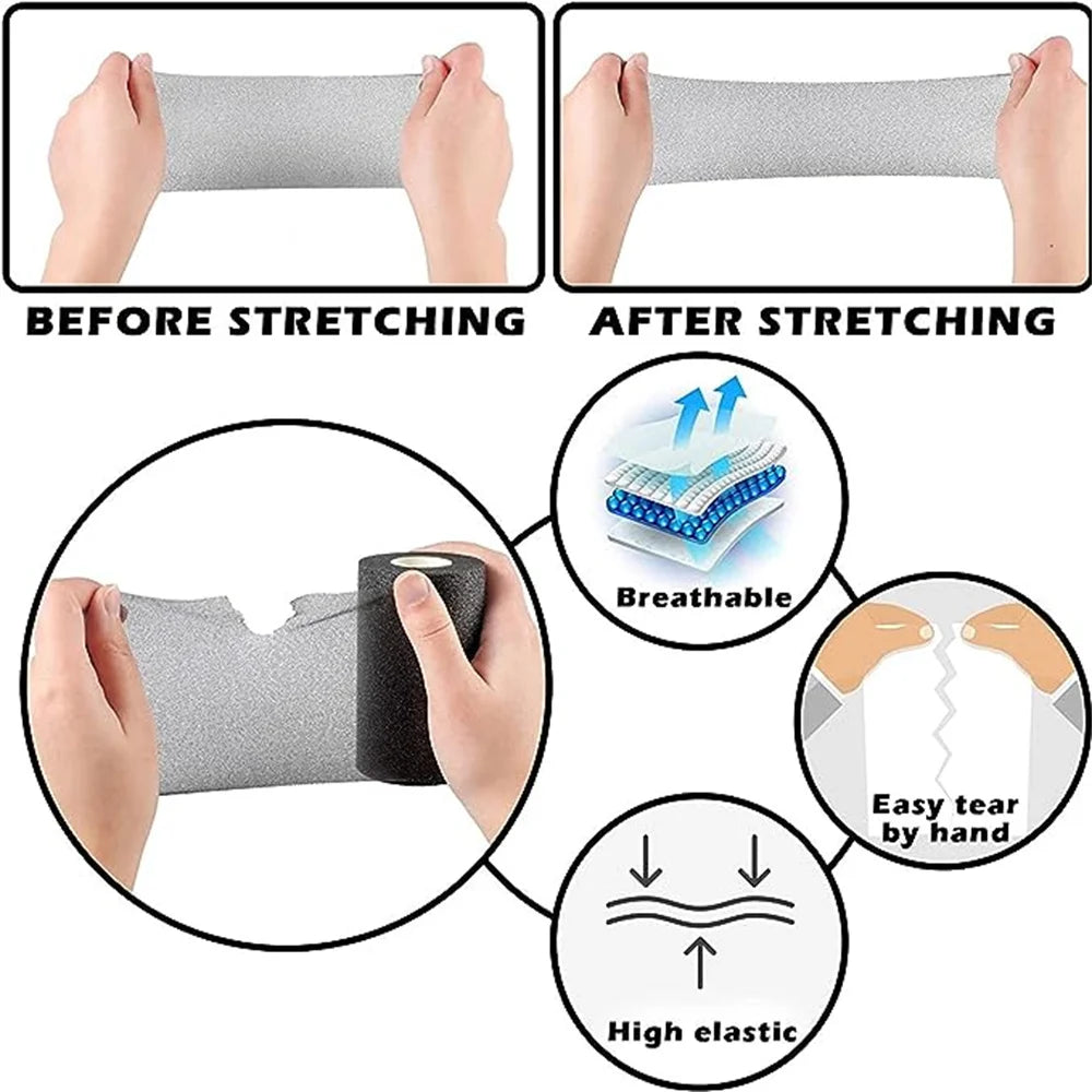 Demonstration of a protective foam athletic tape wrap showing before and after stretching, highlighting breathability and ela