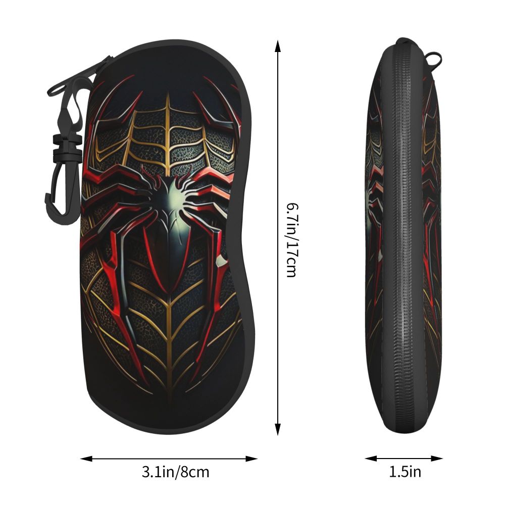 Black spider web design eyeglass pouch with a strap and a 1.5-inch length.