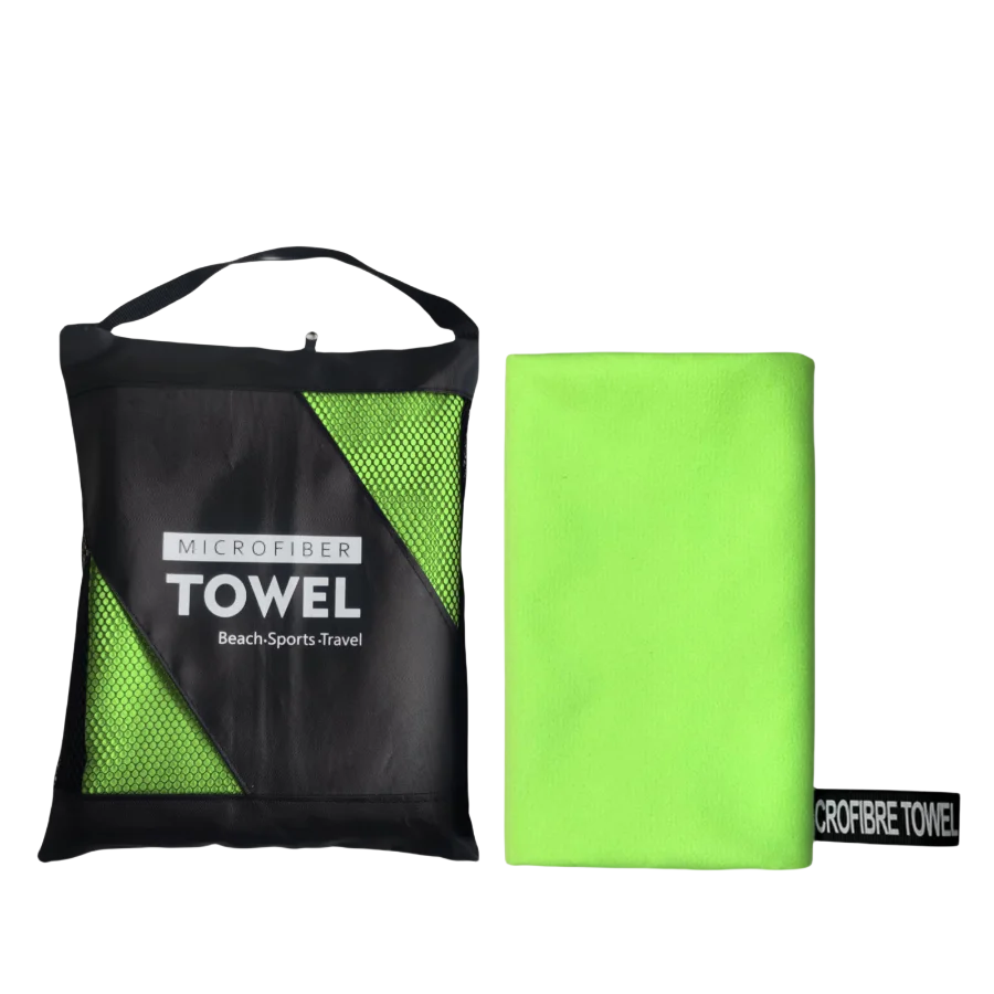 A black microfiber towel bag and a bright lime green microfiber towel are displayed side by side.